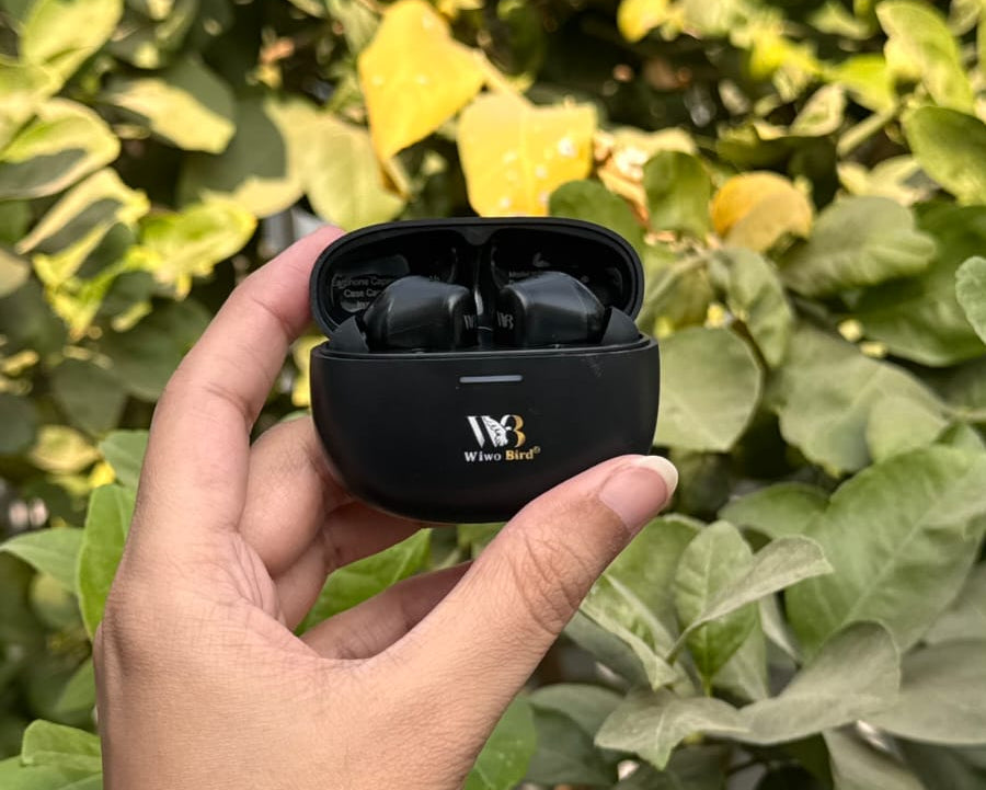 Hand holding a black wireless earbud case with 'WB' branding against a green leafy background